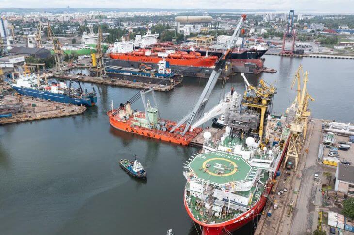 View of the transport ships in the port