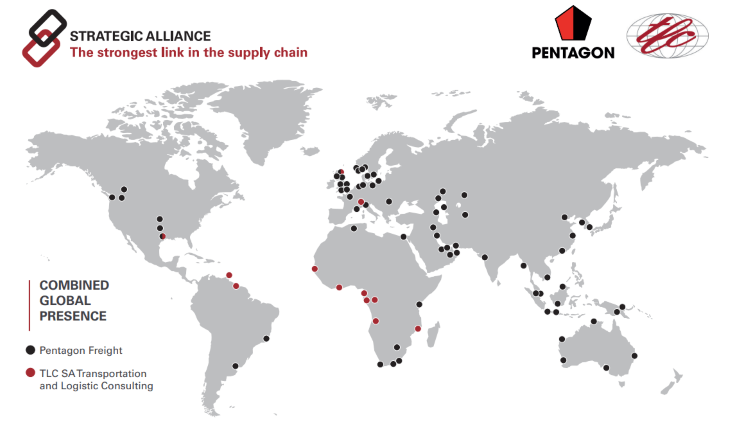 World map with Pentagon freight points