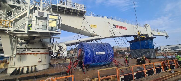 Crane prepared for transport in the port