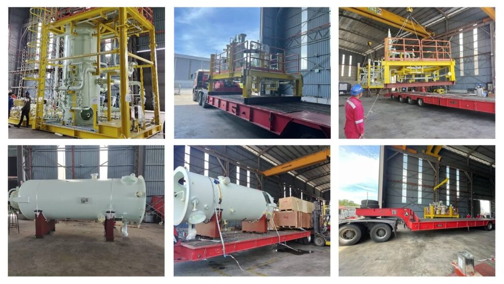 Photo collage related to the transport a Produced Water Skid Package