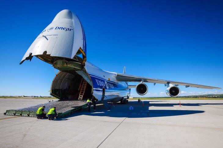 Huge transport plane with an open bow