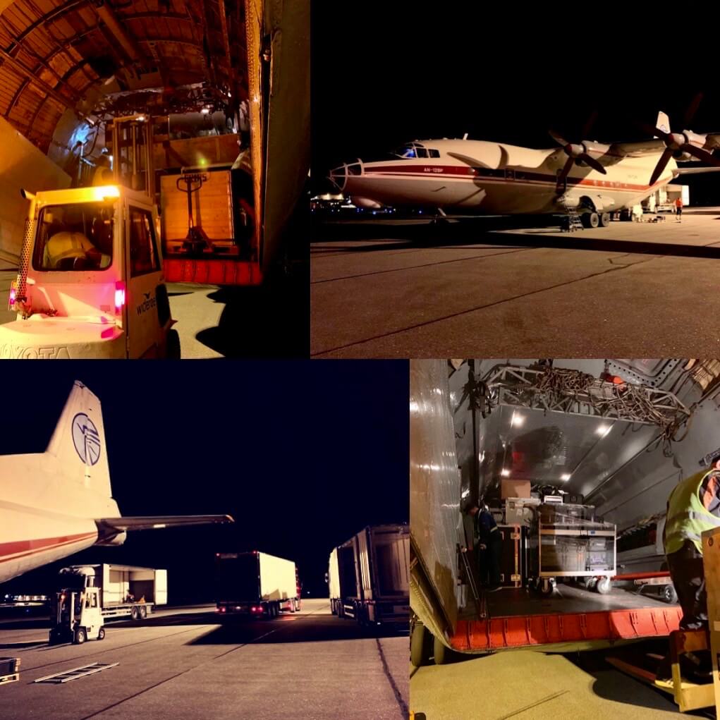 Photo collage showing the loading of a machine onto a cargo plane