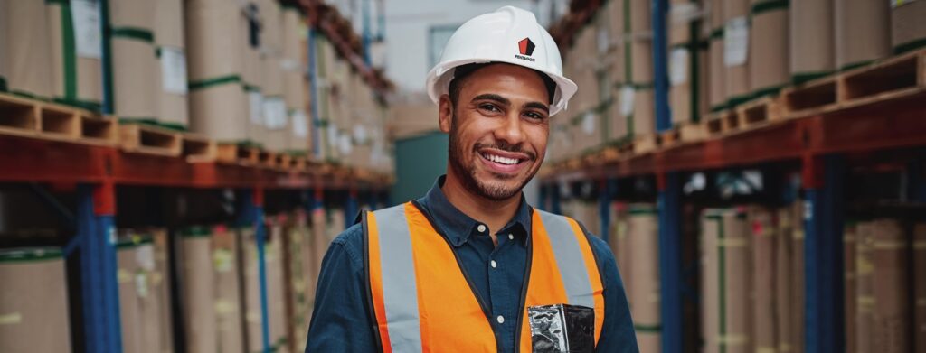 Worker with a helmet in the warehouse