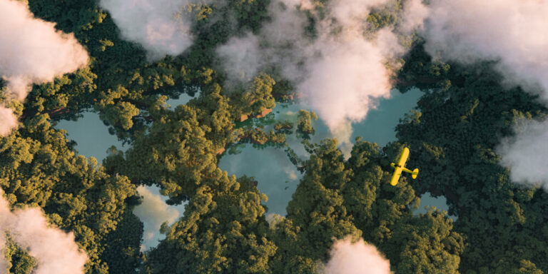 Aerial view of the forest by the lakes and the yellow plane flying next to the clouds