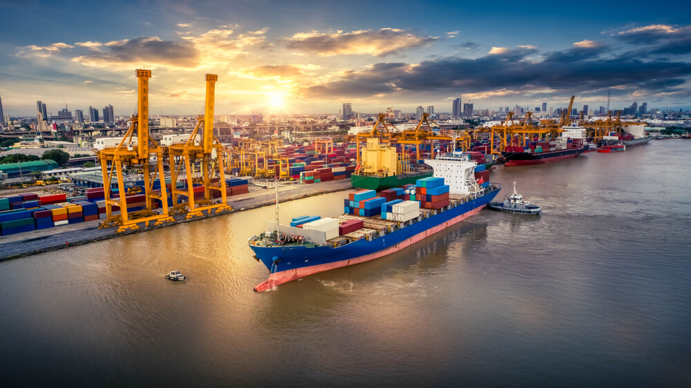 Cargo ship with containers against the backdrop of a port