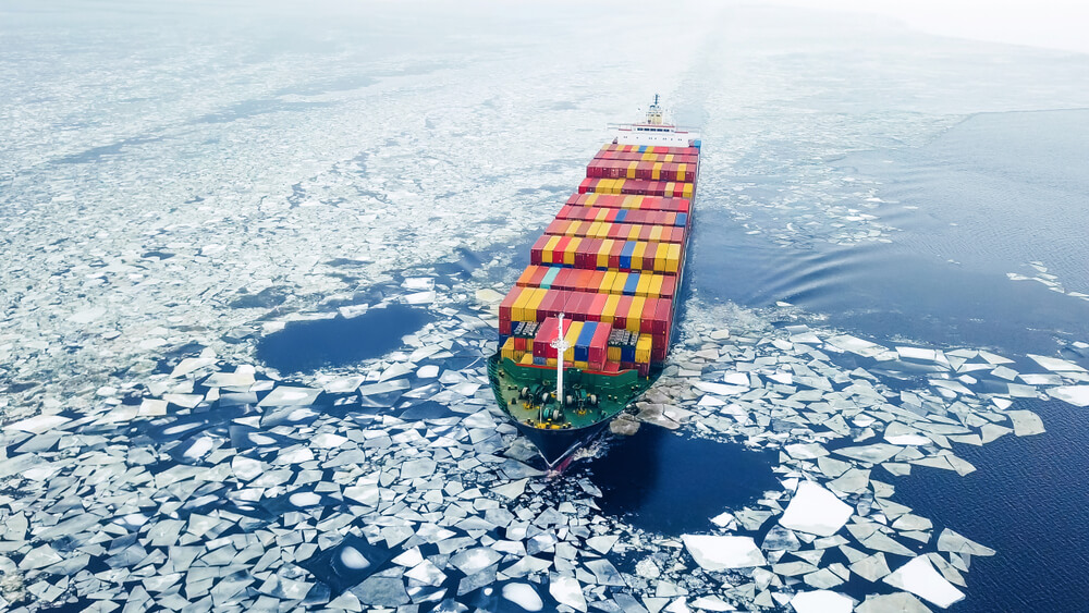 Cargo ship with containers sails on a sea covered with ice floes