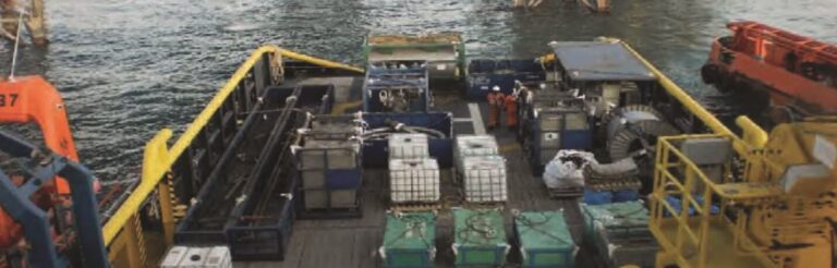 Machines and containers on a cargo ship