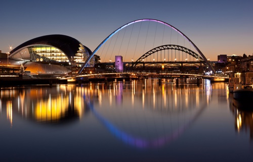 Illuminated bridge in Newcastle at night