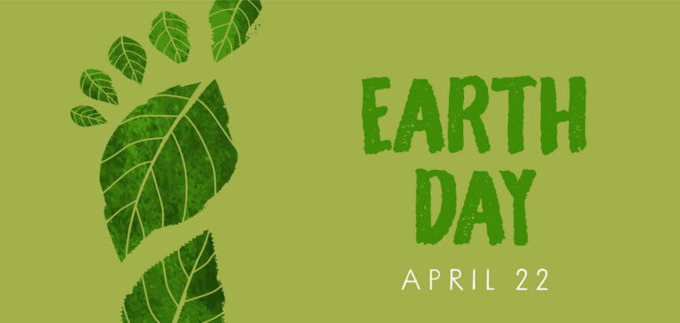 Green graphics with leaves and the words Earth day April 22