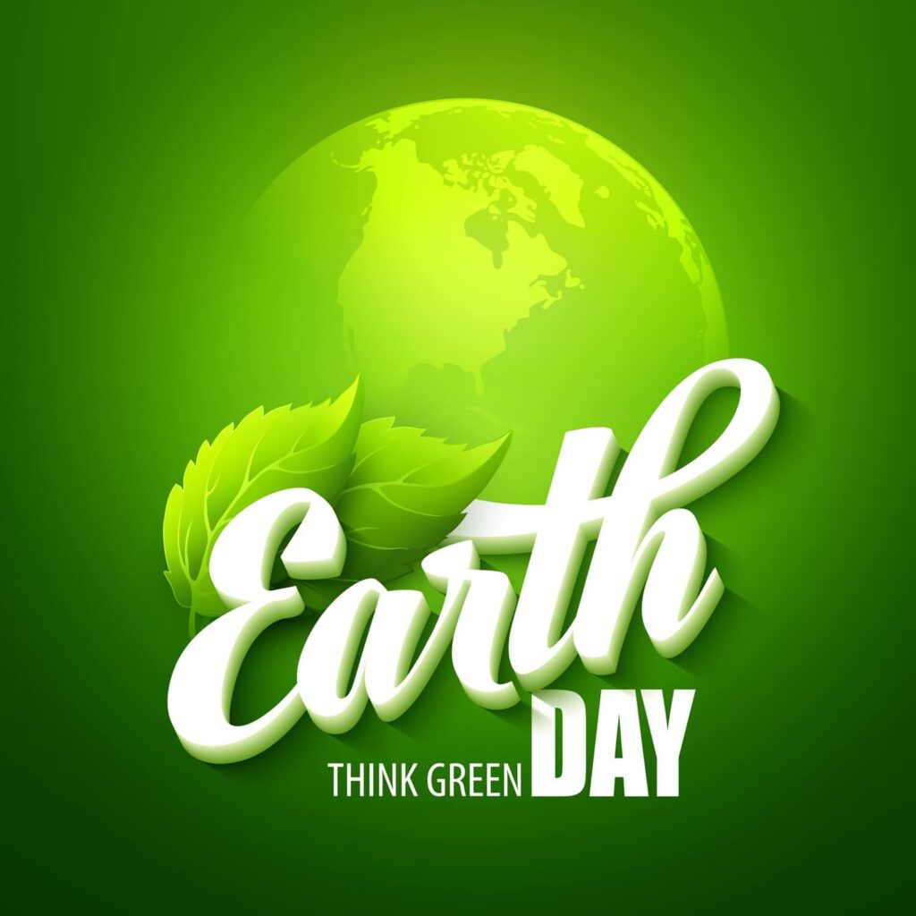 Green graphics with Earth and an words Earth think green day
